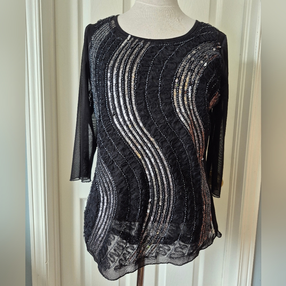 Black and Silver Sequin Blouse with 3/4 Sleeves